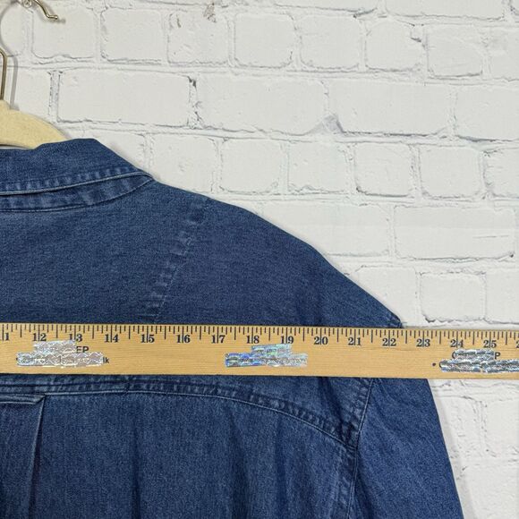 Vintage 90s Y2K Blouse Women Plus 2X Blue Denim Chambray Floral Embroidered Top - Picture 11 of 13